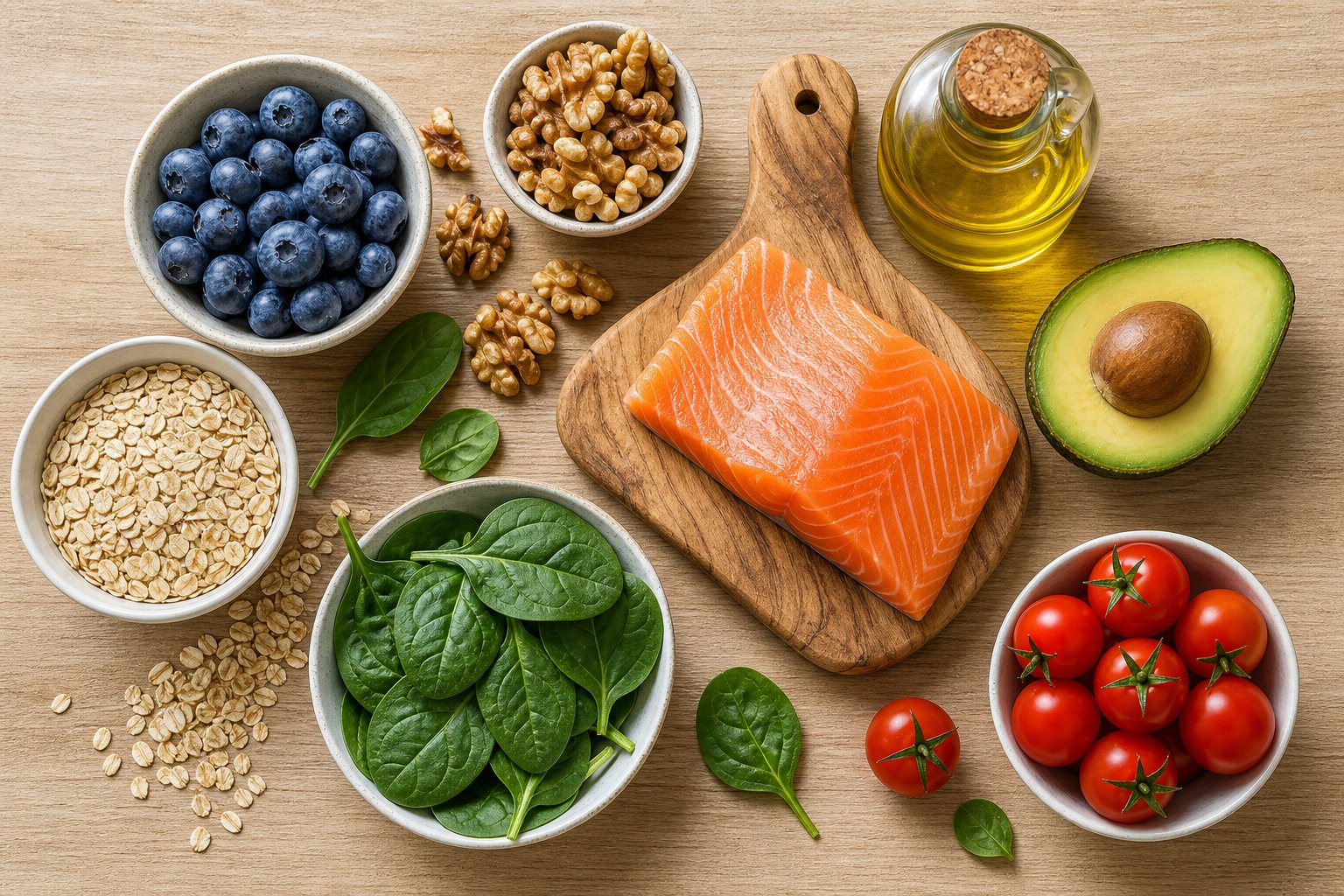 Heart-healthy foods including berries, nuts, avocado and salmon